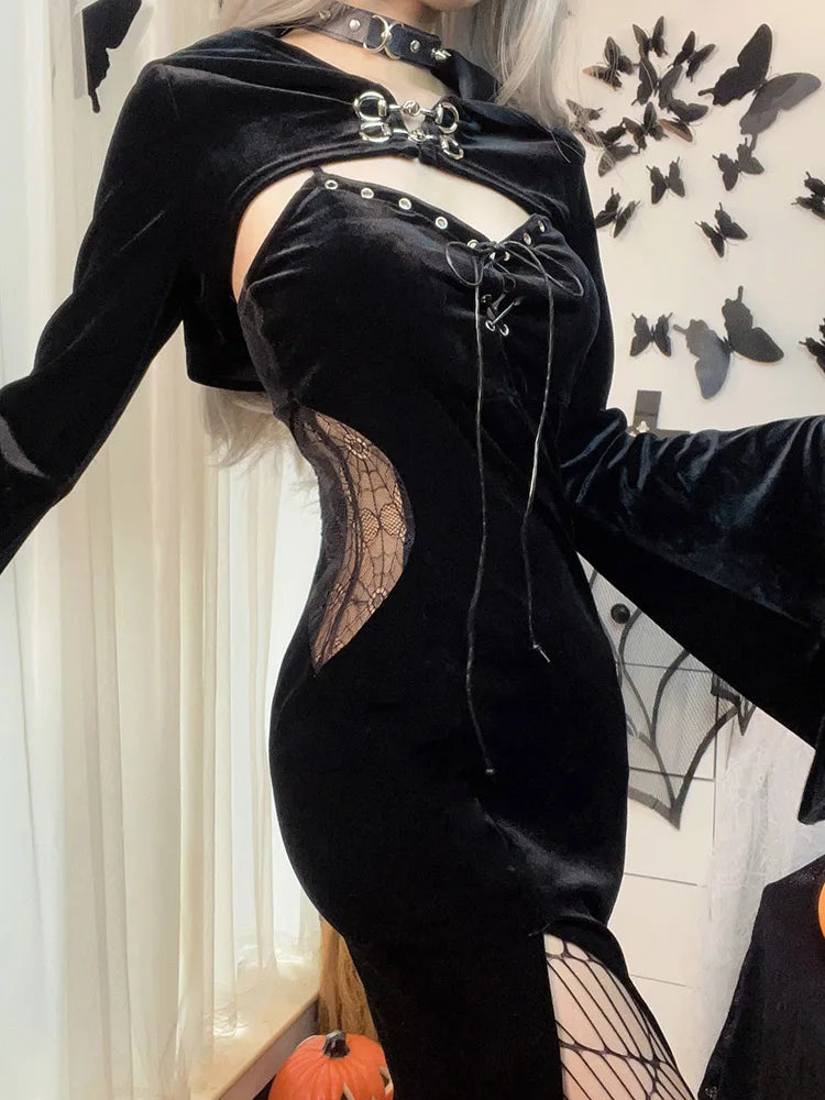 Long Dress Suit With Hat See Through Velvet Lace Cutout High Slit Long Sleeve Button Laceup Party Dress