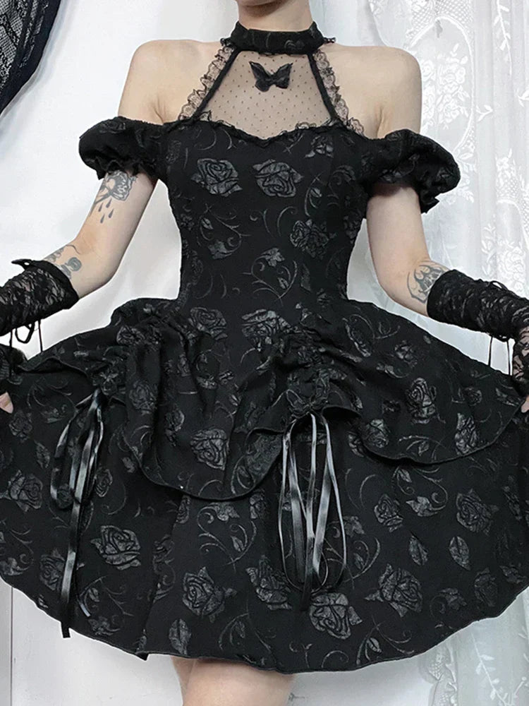 Sleeveless Halter Neck Bow Vintage Backless Cold Shoulder Print Lace Up A-Line Swing Dress 2