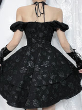 Sleeveless Halter Neck Bow Vintage Backless Cold Shoulder Print Lace Up A-Line Swing Dress 5
