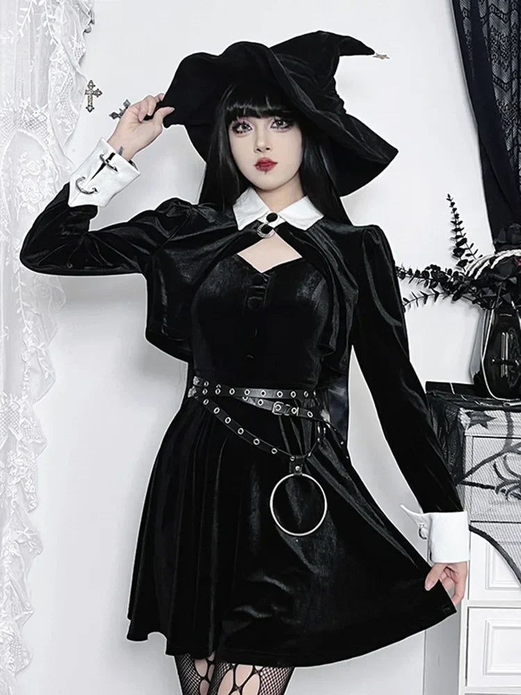 Velvet AHem Spaghetti Strap Punk V Neck Sleeveless Draped Bodycon Goth Vintage Mini Cami Dress