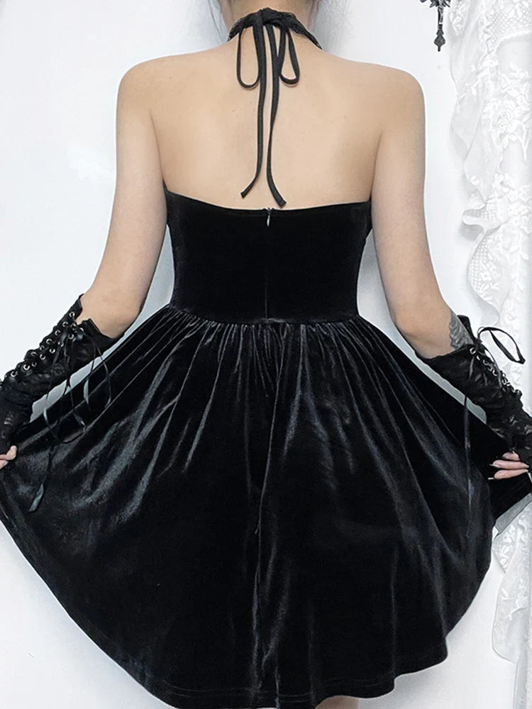 Gothic Velvet Criss-Cross Halter Vintage Draped Lace Backless A-Line Dress