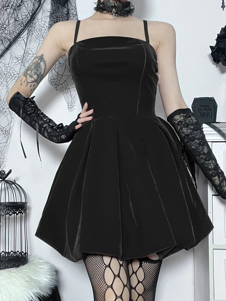 Velvet Solid Shirring High Waist Spaghetti Straps A-Line Party Mini Elegant New Year Dress 5