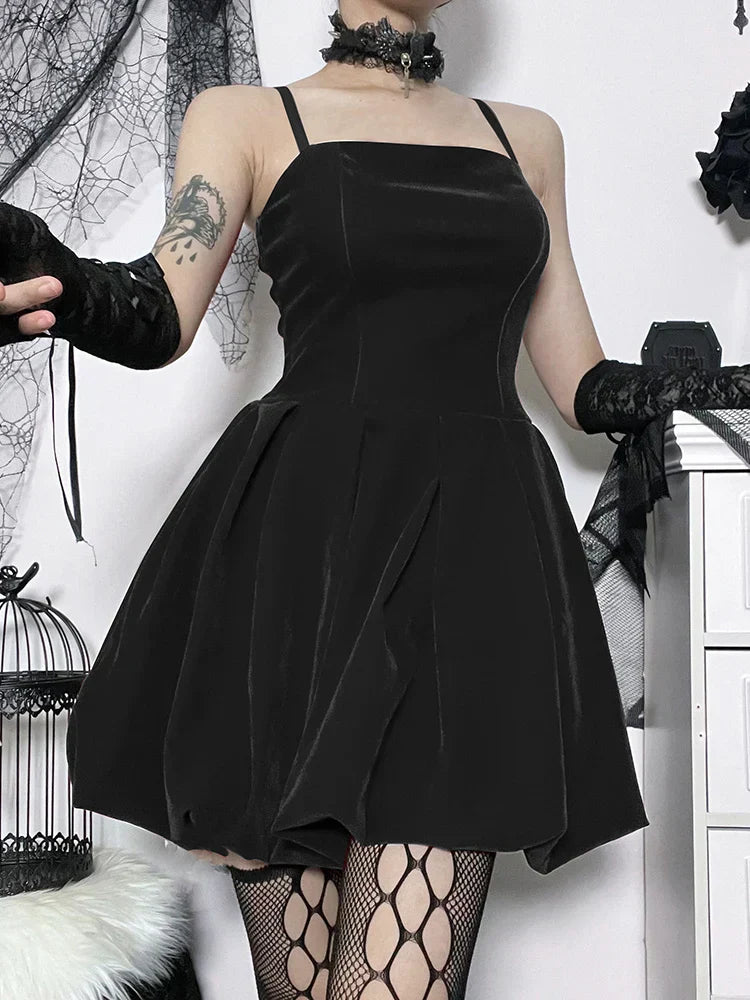 Velvet Solid Shirring High Waist Spaghetti Straps A-Line Party Mini Elegant New Year Dress 6