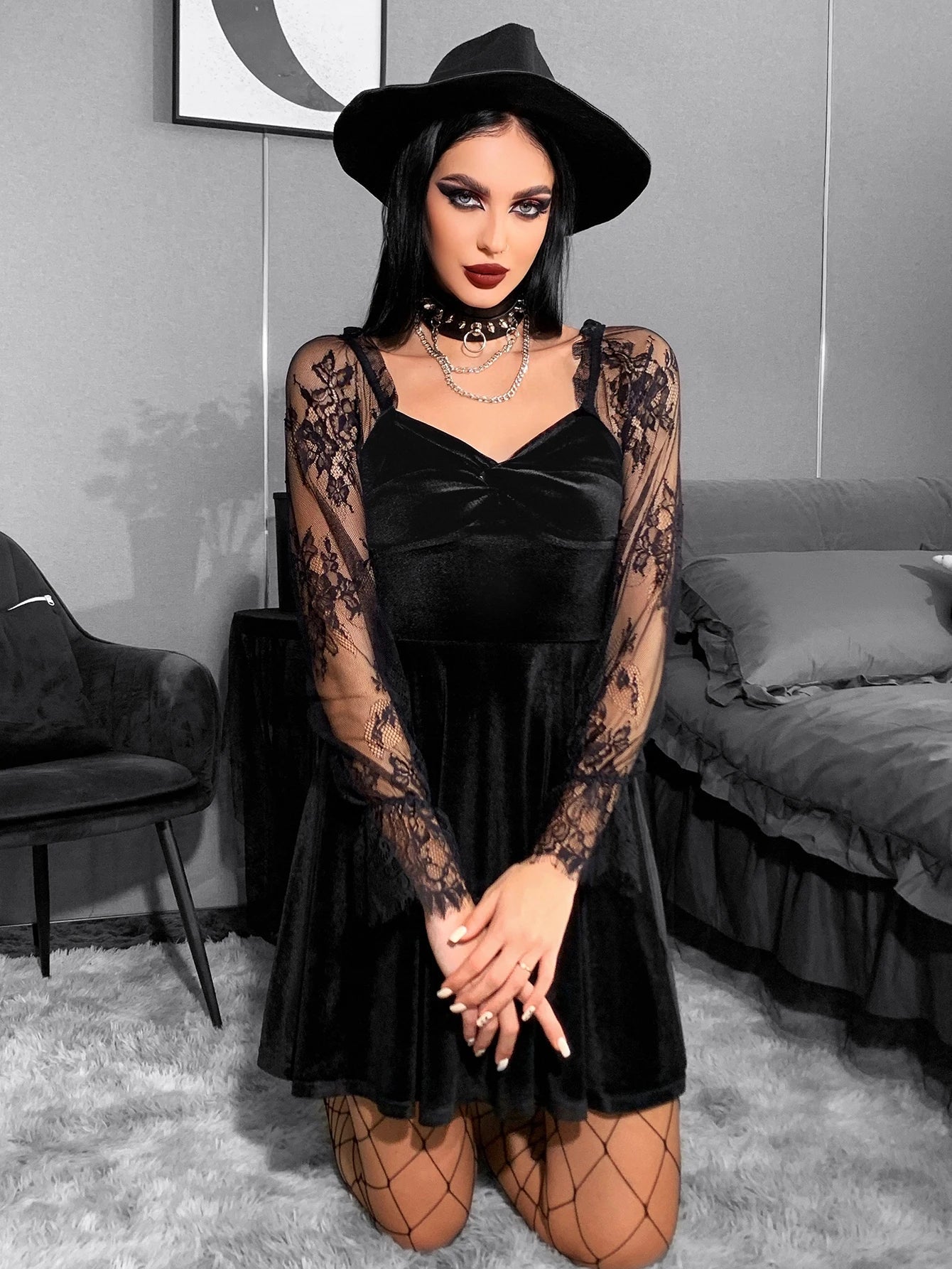 Velvet Lace Lantern Sleeve Twisted 40s 50s Retro V Neck Dress - View 2