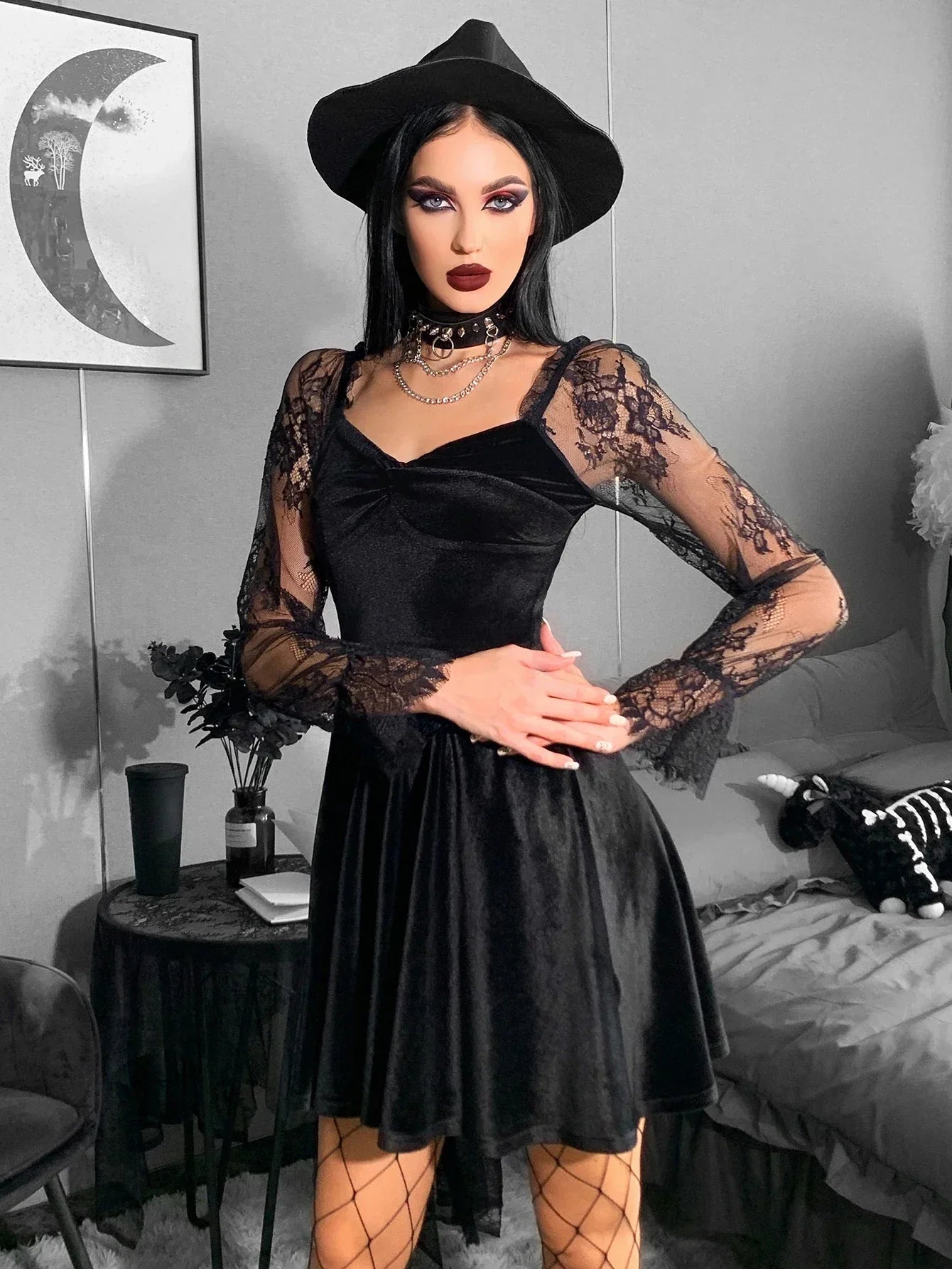 Velvet Lace Lantern Sleeve Twisted 40s 50s Retro V Neck Dress - View 4