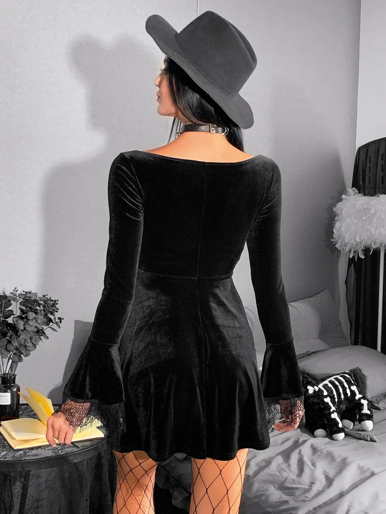 Y2K Harajuku High Waist ALine Mini Punk Grunge Vintage Flare Sleeve Velvet Lolita Dress