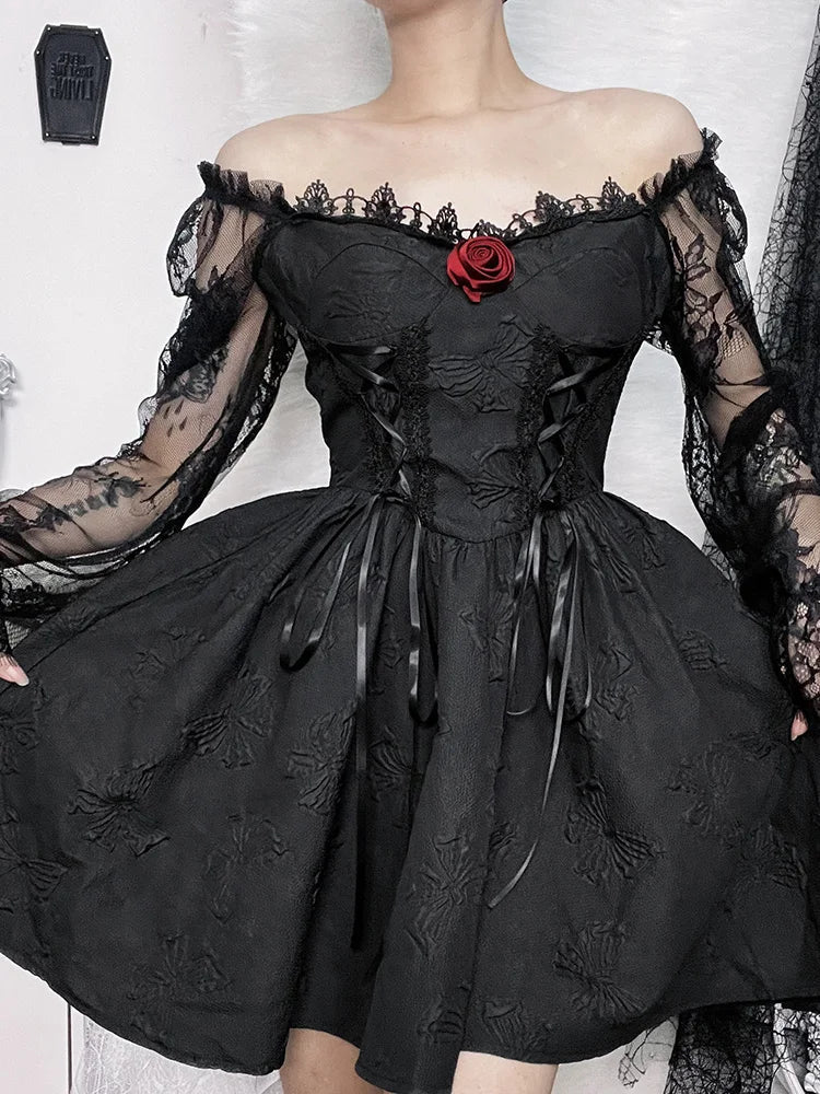 Grunge Party High Waist Gothic Dark ALine Jacquard Lace Sleeve Lolita Vintage Harajuku Dress
