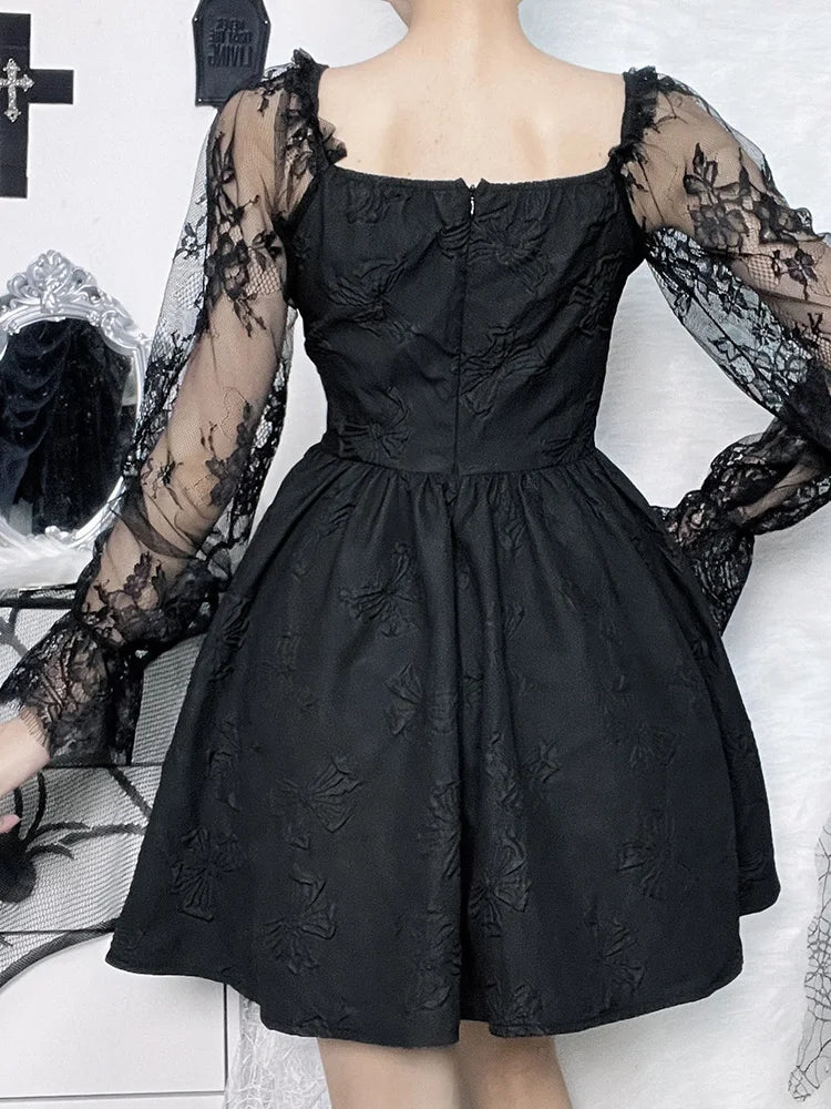 Grunge Party High Waist Gothic Dark ALine Jacquard Lace Sleeve Lolita Vintage Harajuku Dress