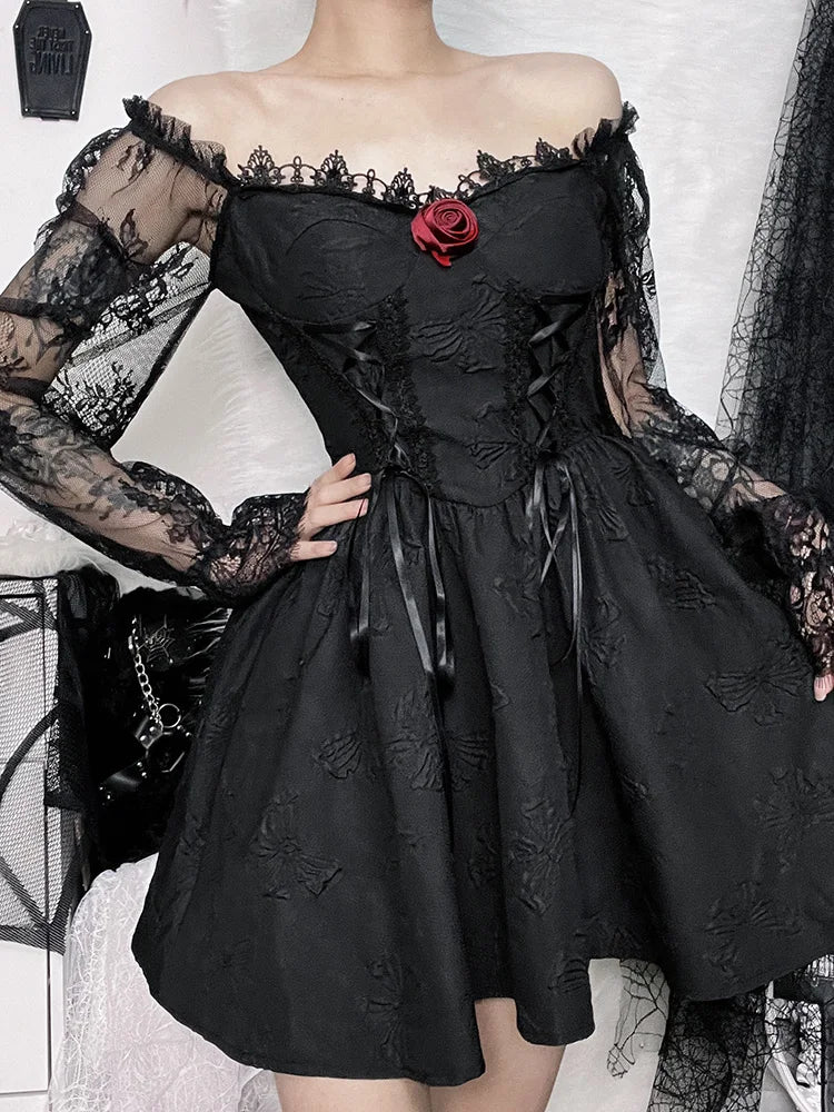 Grunge Party High Waist Gothic Dark ALine Jacquard Lace Sleeve Lolita Vintage Harajuku Dress