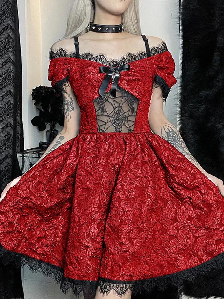 Off Shoulder Lace Trim Bow Front Mesh Panel A-Line Mini Dress 8