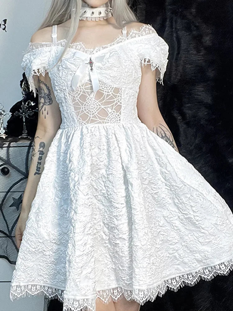 Off Shoulder Lace Trim Bow Front Mesh Panel A-Line Mini Dress 3