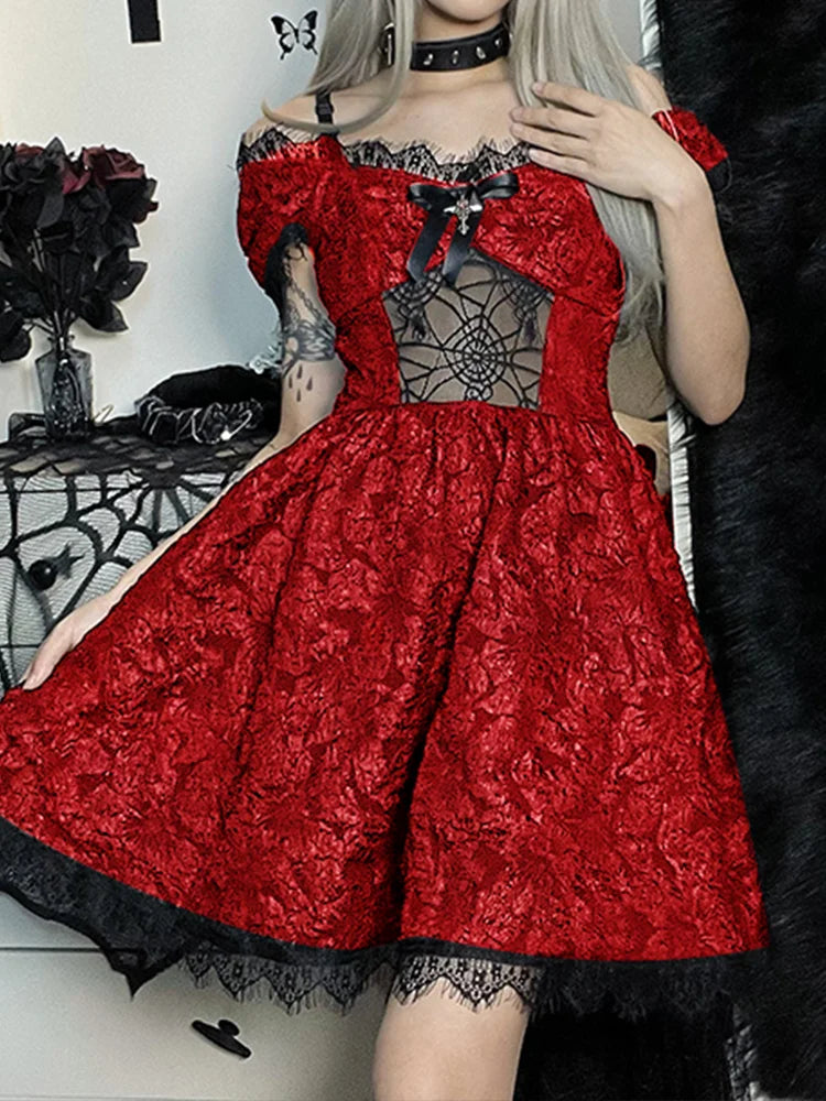 Off Shoulder Lace Trim Bow Front Mesh Panel A-Line Mini Dress 2