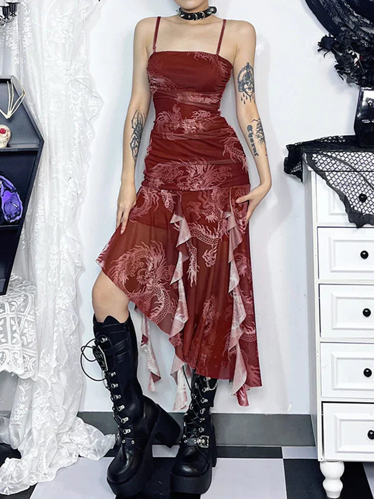 Chinese Dragon Y2K Folds Asymmetrical Spaghetti Strap Party Dress - View 4