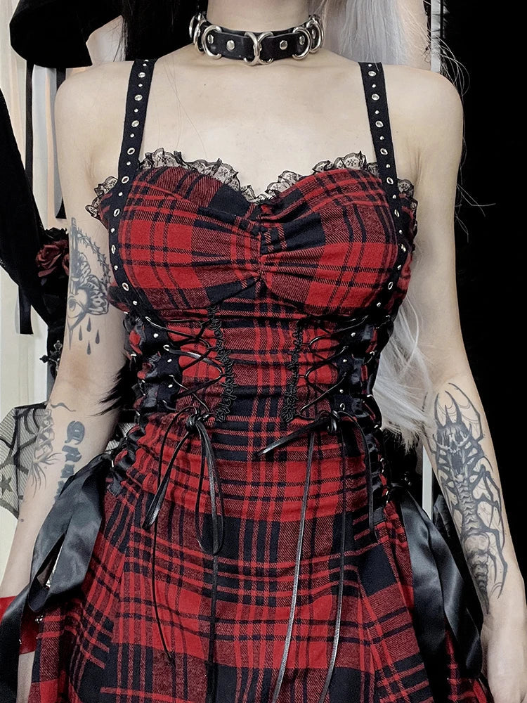 Red Plaid Street Goth Fairy Grunge Y2K Pleated LaceUp Tube Lolita Eyelet Corset Mini Dress