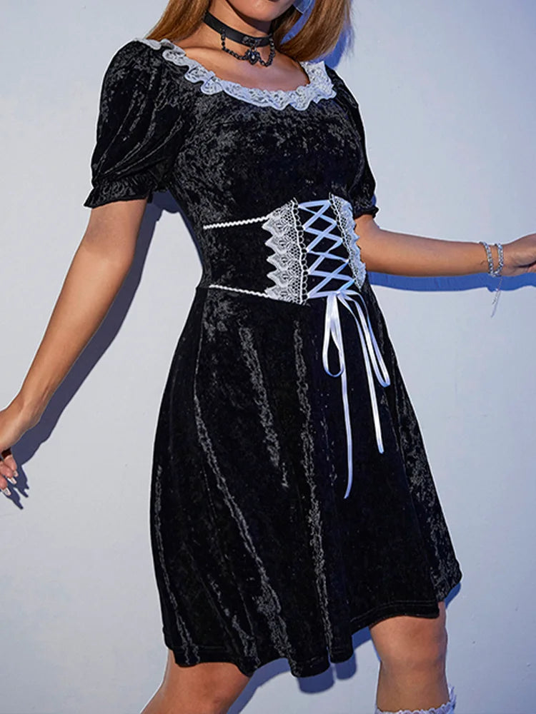 Velvet Square Neck Puff Sleeve Lace Trim Lace Up A-Line Mini Dress