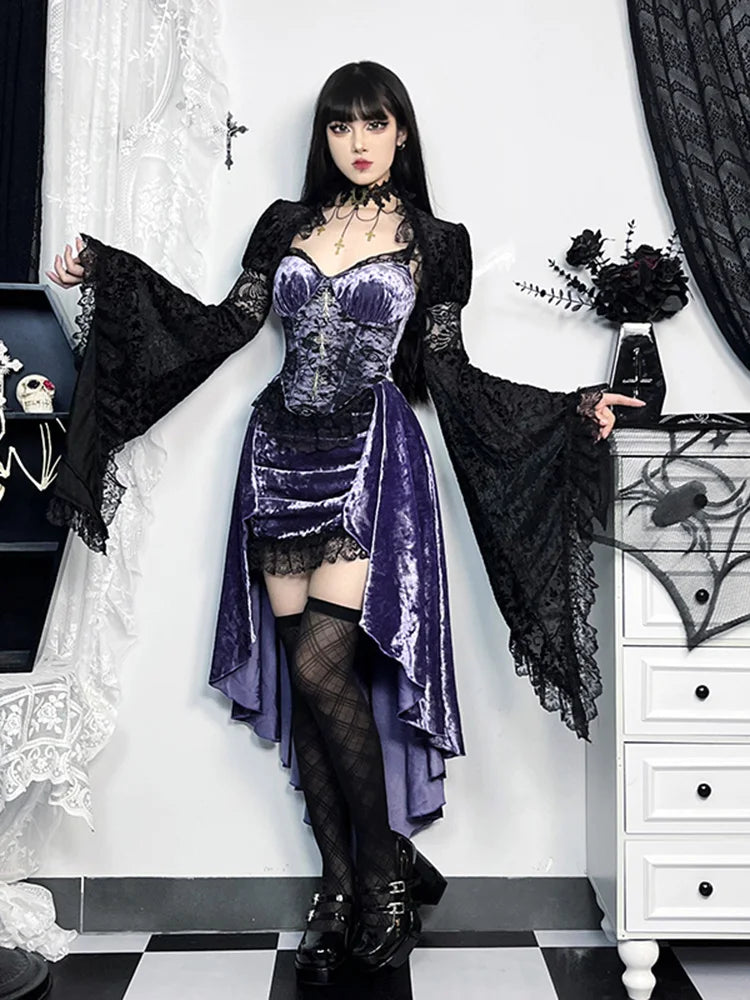 Velvet Spaghetti Strap Corset Lace Trim High Low Mini Dress
