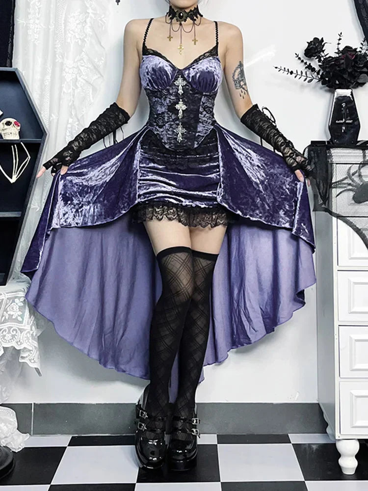 Velvet Spaghetti Strap Corset Lace Trim High Low Mini Dress
