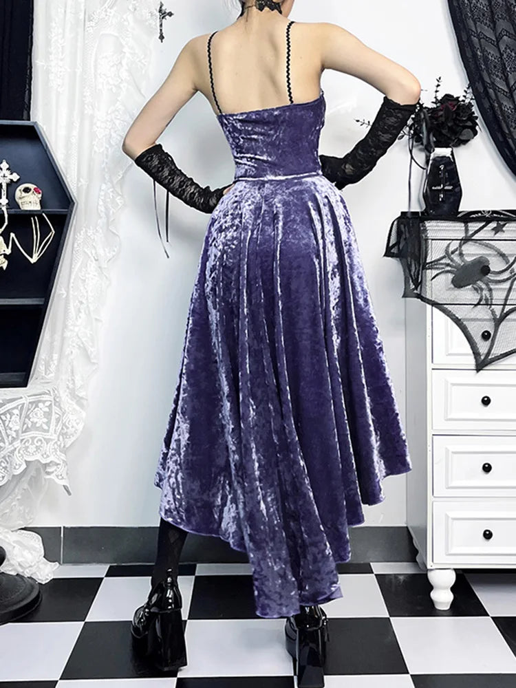 Velvet Spaghetti Strap Corset Lace Trim High Low Mini Dress