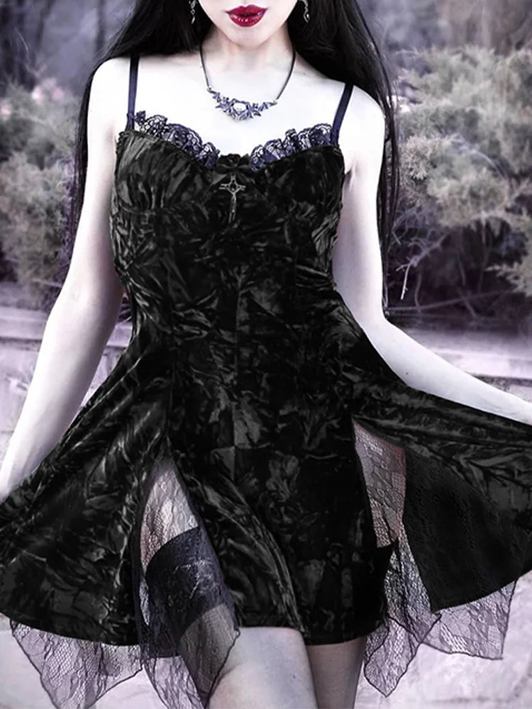 Y2K Gothic Vintage Mesh Velvet Mini Grunge Aesthetic Dark High Waist Slit Partywear Emo Lolita Clubwear Dress