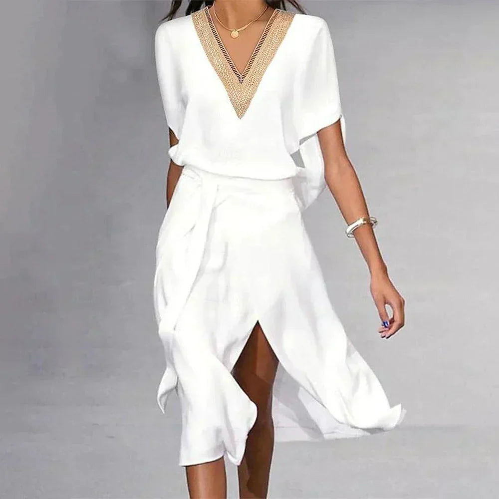 Angela Aesthetic Contemporary Women's Midi Dress with V Neck Chic Silhouette Collection