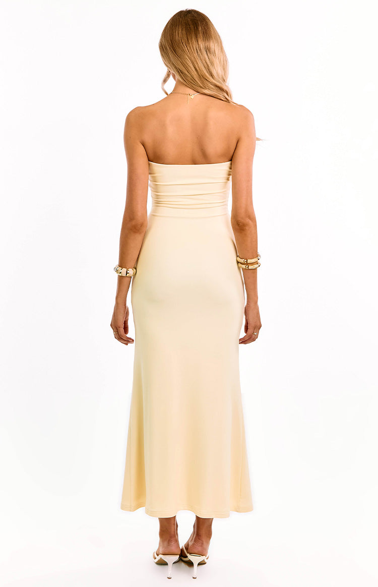 Mesh Strapless Ruffle Trim Neckline Ruched Drape Maxi Dress 6