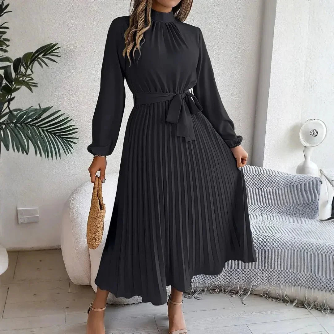 High Neck Long Sleeve Pleated Belted Midi Dress 7