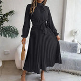 High Neck Long Sleeve Pleated Belted Midi Dress 7