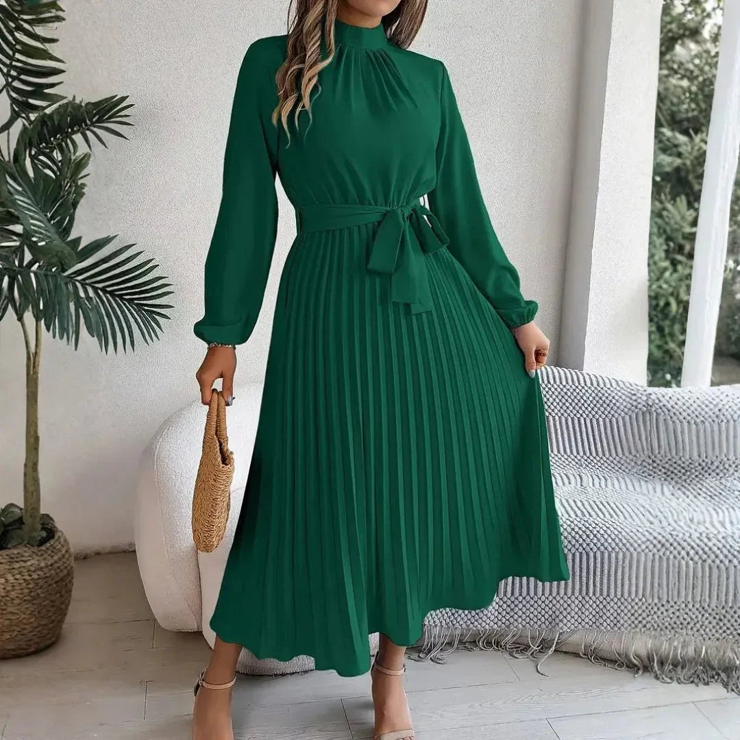 High Neck Long Sleeve Pleated Belted Midi Dress 3