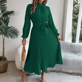 High Neck Long Sleeve Pleated Belted Midi Dress 3