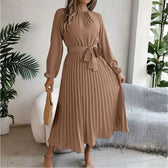 High Neck Long Sleeve Pleated Belted Midi Dress 6