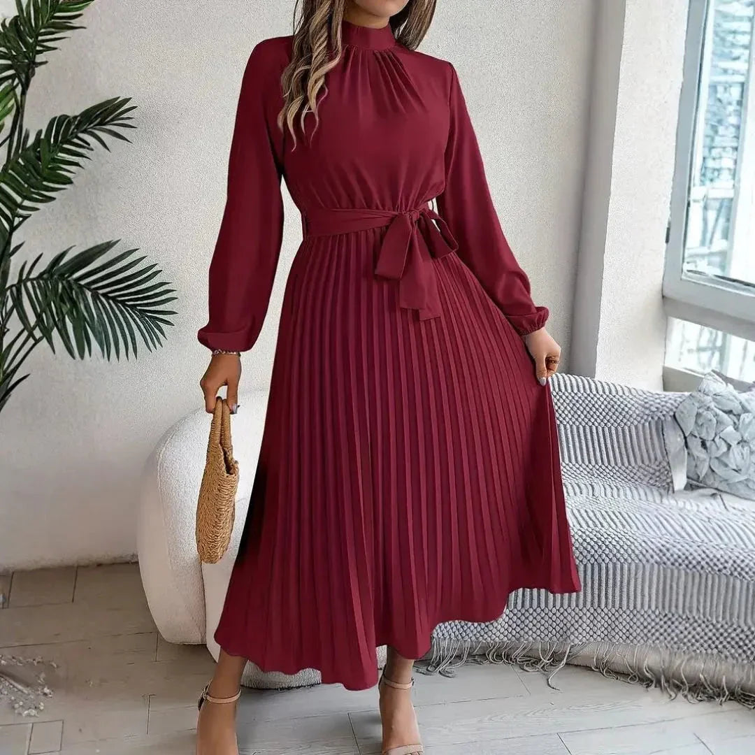 High Neck Long Sleeve Pleated Belted Midi Dress 4