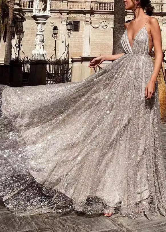 Italian Apricot V Neck Backless Sequins Spaghetti Strap Dress Summer 2