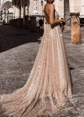 Italian Apricot V Neck Backless Sequins Spaghetti Strap Dress Summer 3