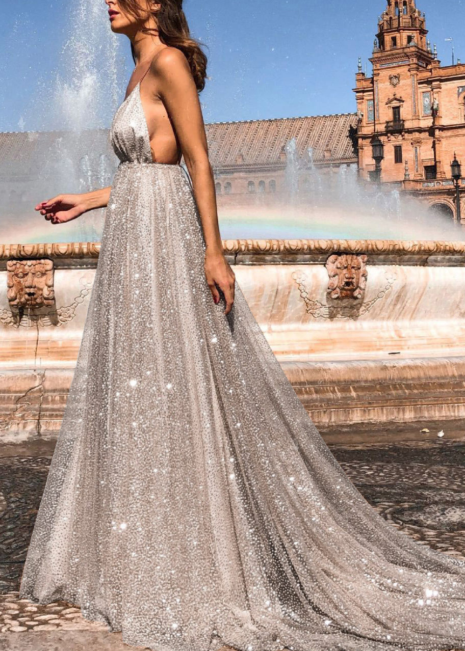 Italian Apricot V Neck Backless Sequins Spaghetti Strap Dress Summer 4