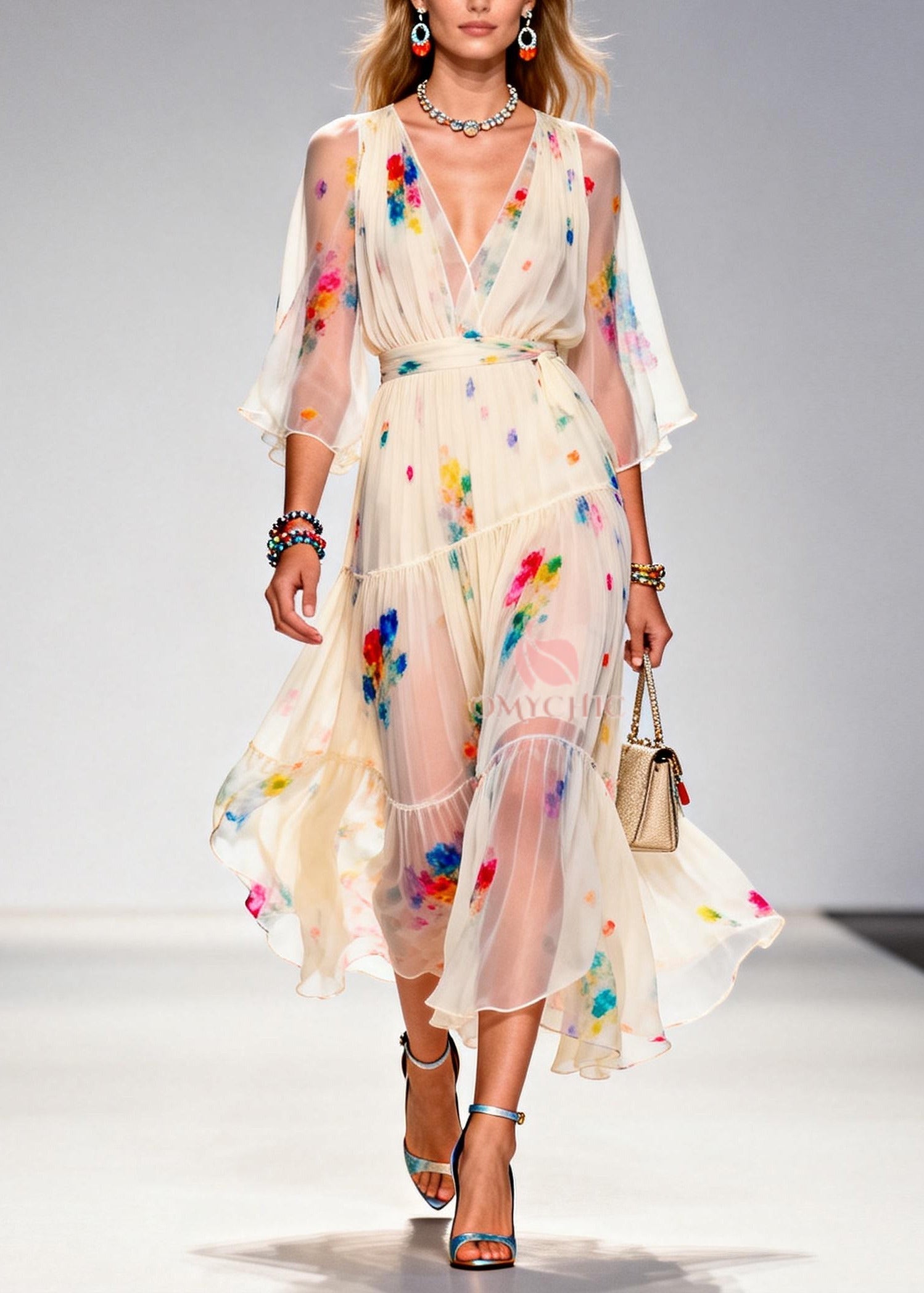 Floral Print Deep V-Neck Wrap Bodice Bell Sleeve Tiered Ruffle Chiffon Midi Dress