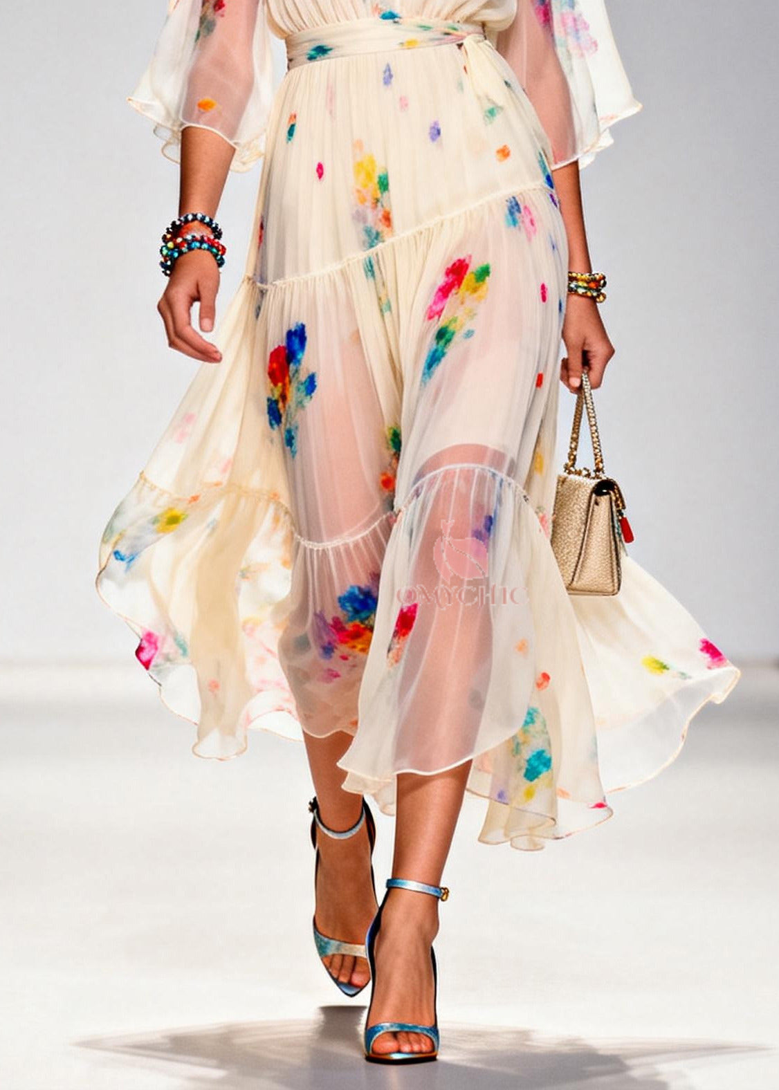 Floral Print Deep V-Neck Wrap Bodice Bell Sleeve Tiered Ruffle Chiffon Midi Dress