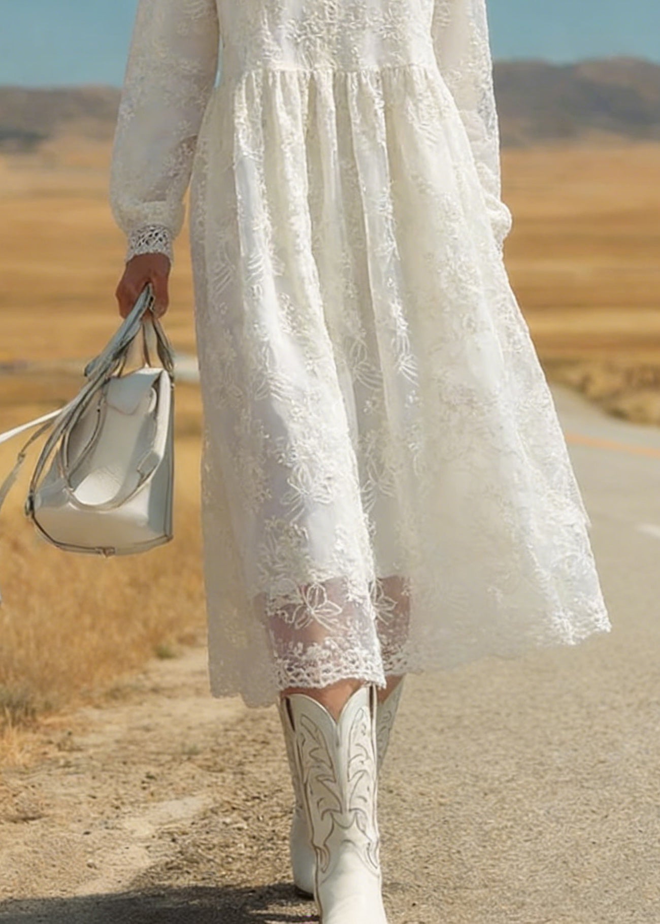 Lace Crew Neck Long Sleeve Floral Embroidered Gathered Waist Midi Dress