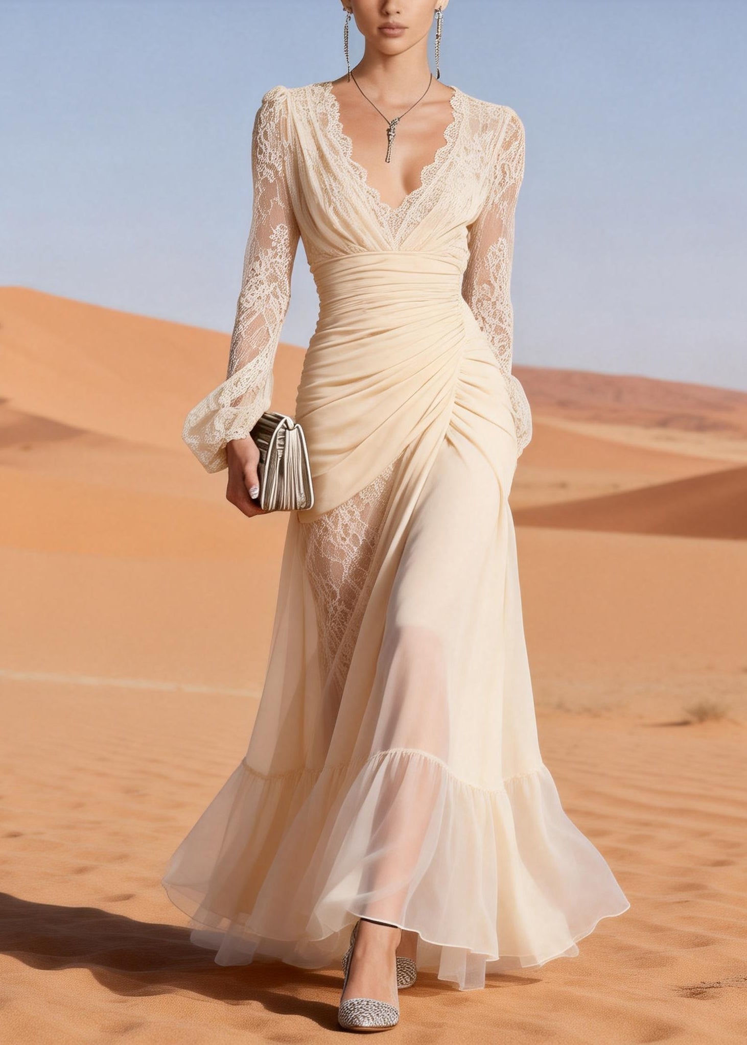 Lace Trim Deep V-Neck Ruched Wrap Long Sleeve Sheer Panel Ruffle Hem Maxi Gown