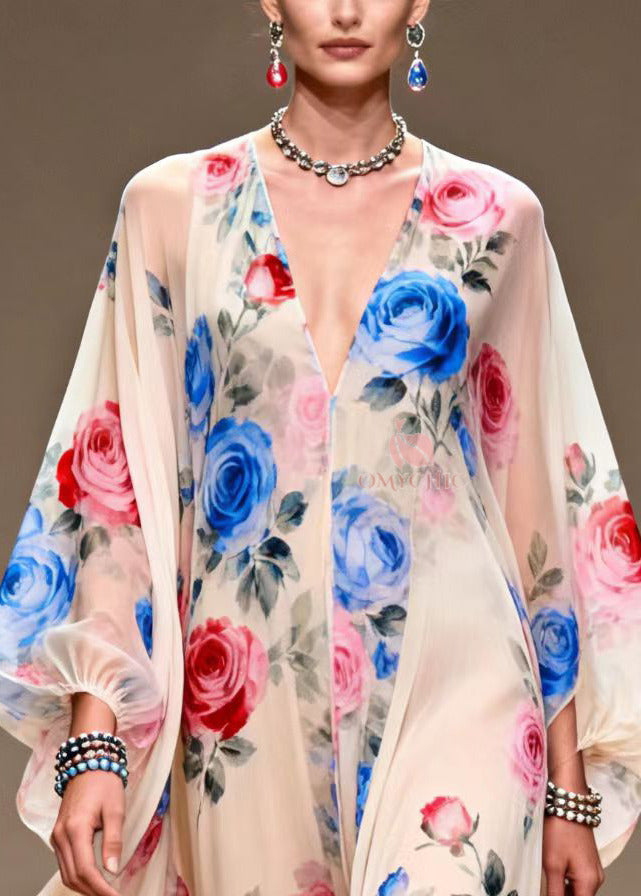 Italian Beige Print Exra Large Hem Chiffon Maxi Dresses Summer 2