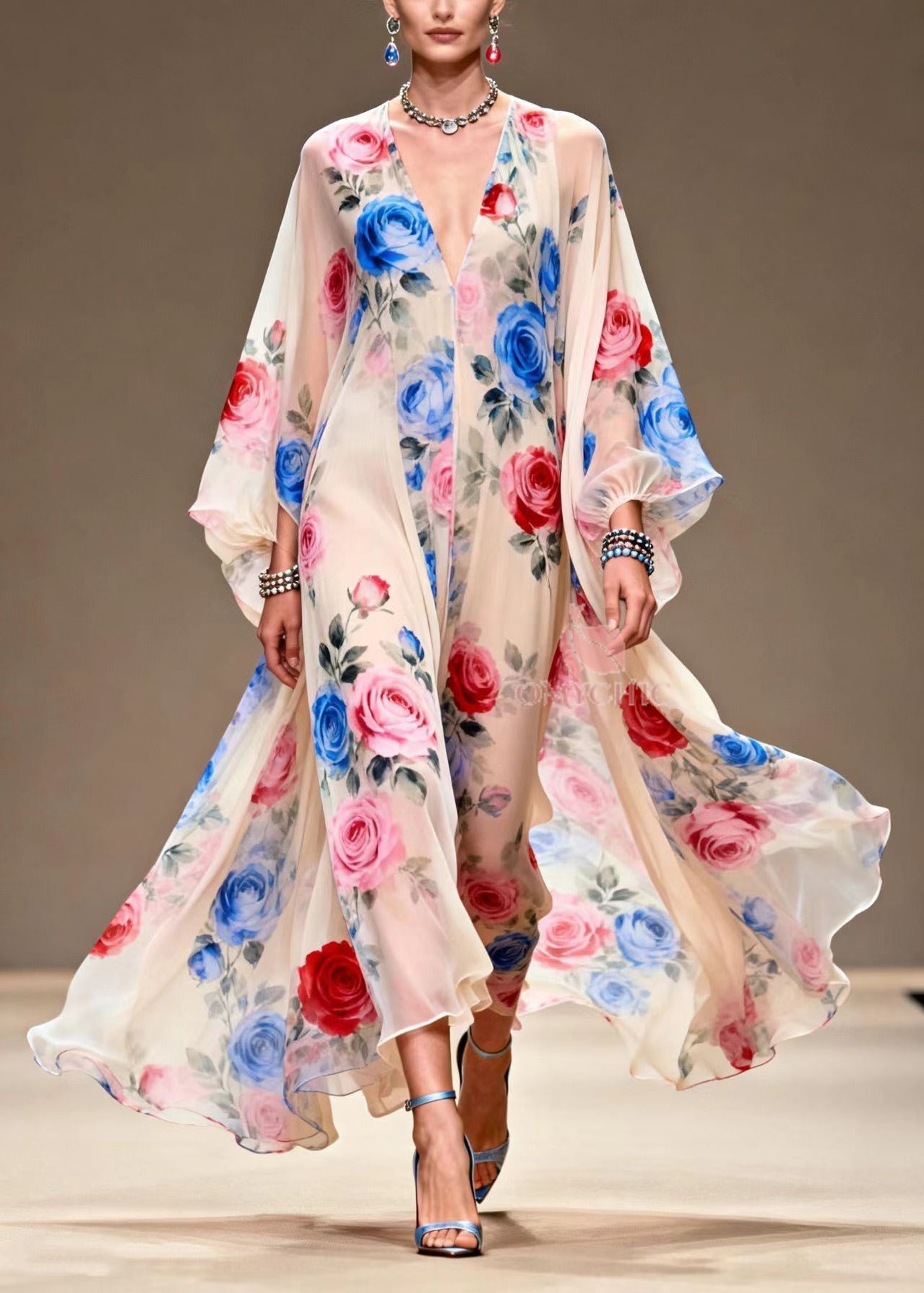 Italian Beige Print Exra Large Hem Chiffon Maxi Dresses Summer 3