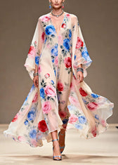 Italian Beige Print Exra Large Hem Chiffon Maxi Dresses Summer 3