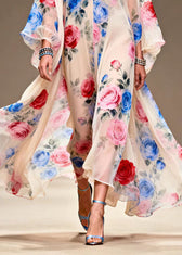 Italian Beige Print Exra Large Hem Chiffon Maxi Dresses Summer 4