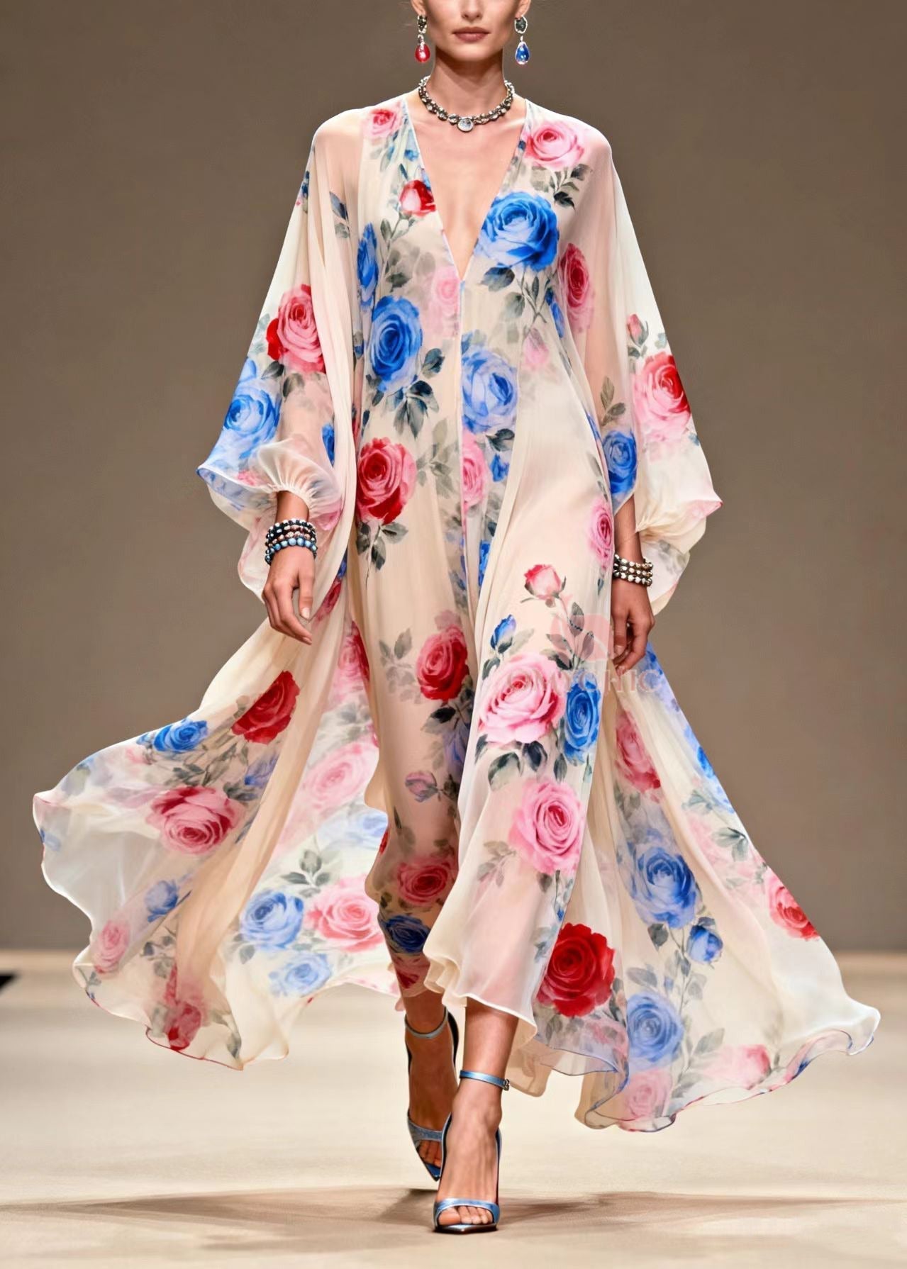 Italian Beige Print Exra Large Hem Chiffon Maxi Dresses Summer 5