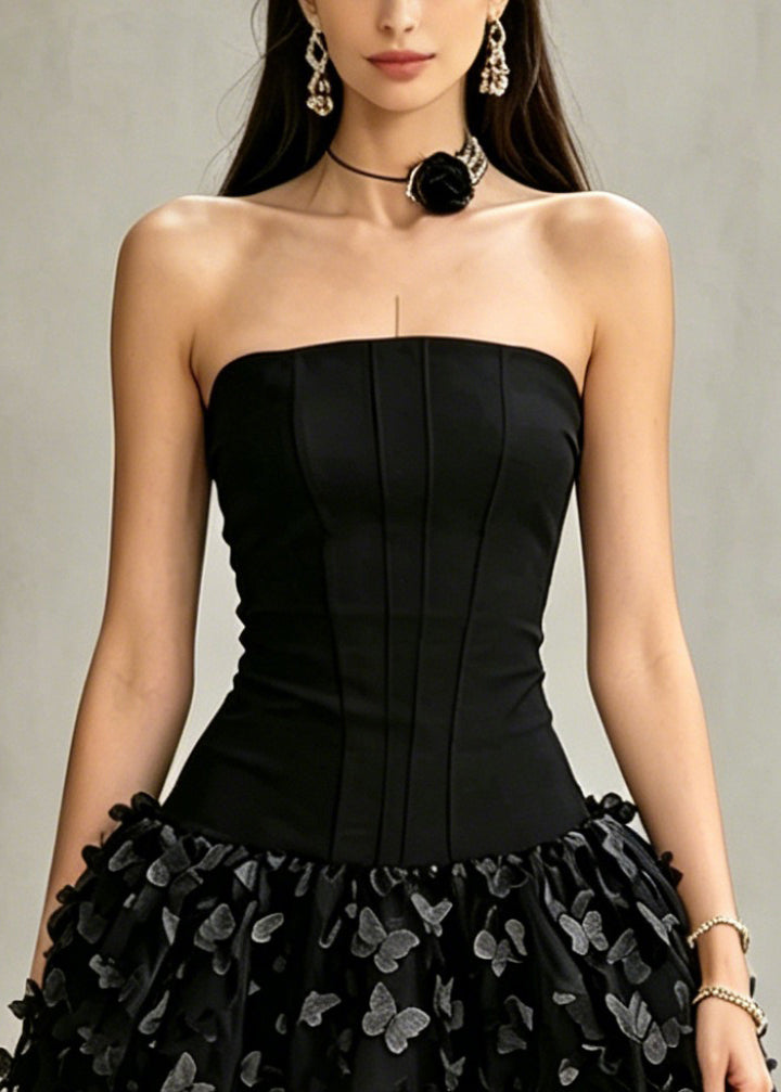 Strapless Corset Butterfly Applique Mesh Tiered Mini Dress
