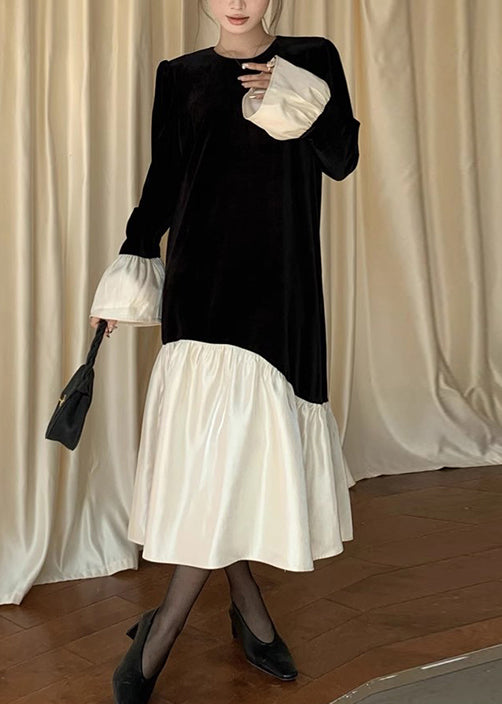 Velvet Crew Neck Long Sleeve Contrast Bell Cuff Tiered Ruffle Midi Dress
