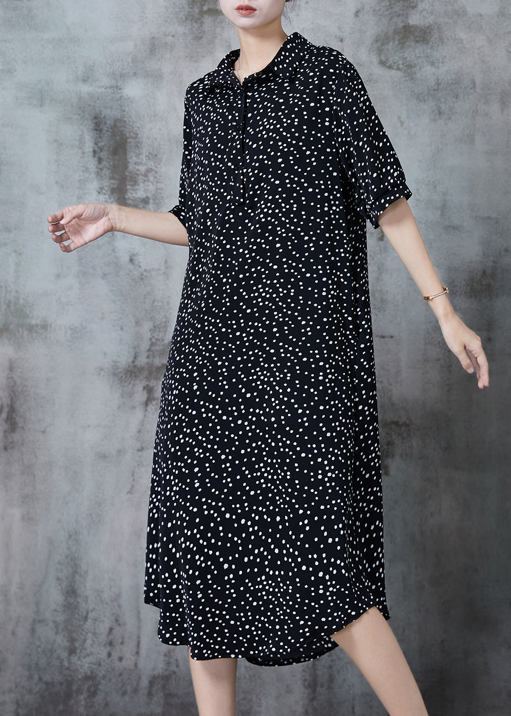 Polka Dot Print Shirt Collar Button Front Elbow Sleeve Oversized Midi Dress