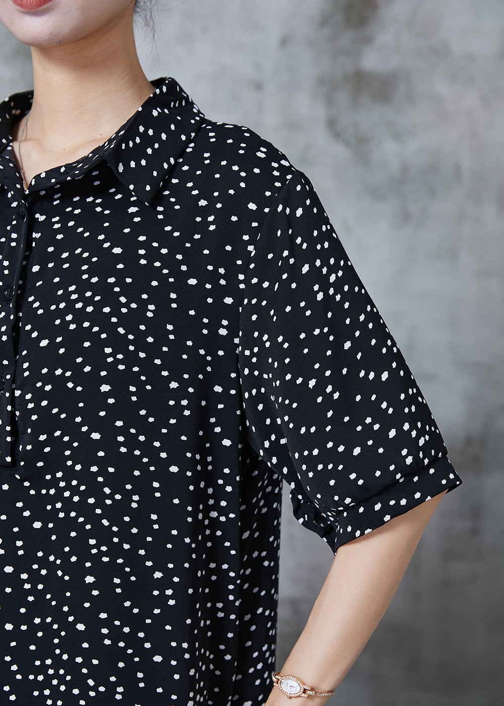 Polka Dot Print Shirt Collar Button Front Elbow Sleeve Oversized Midi Dress