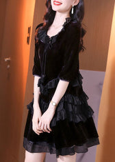 Italian Black Ruffled Lace Up Patchwork Velour Mid Dress Half Sleeve 3