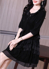 Italian Black Ruffled Lace Up Patchwork Velour Mid Dress Half Sleeve 4
