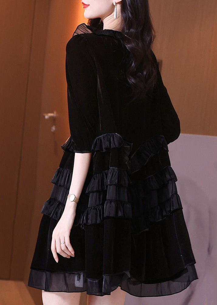 Italian Black Ruffled Lace Up Patchwork Velour Mid Dress Half Sleeve 5